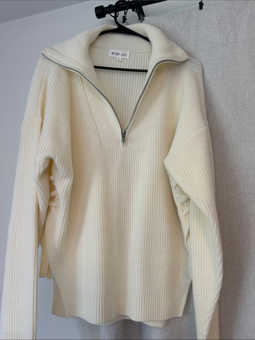 White Half-Zip Ribbed Knit Sweater
